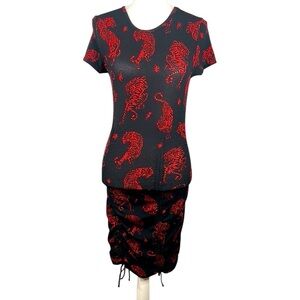 H&M Black & Red Chinese Dragon 90s Y2K Short Sleeve Midi Bodycon Dress Size S